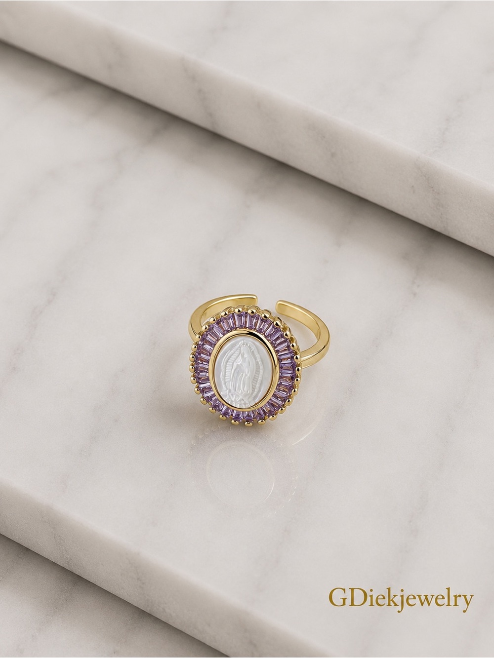 Goldfilled Adjustable  Ring with Purple Crystal Halo and White Cameo